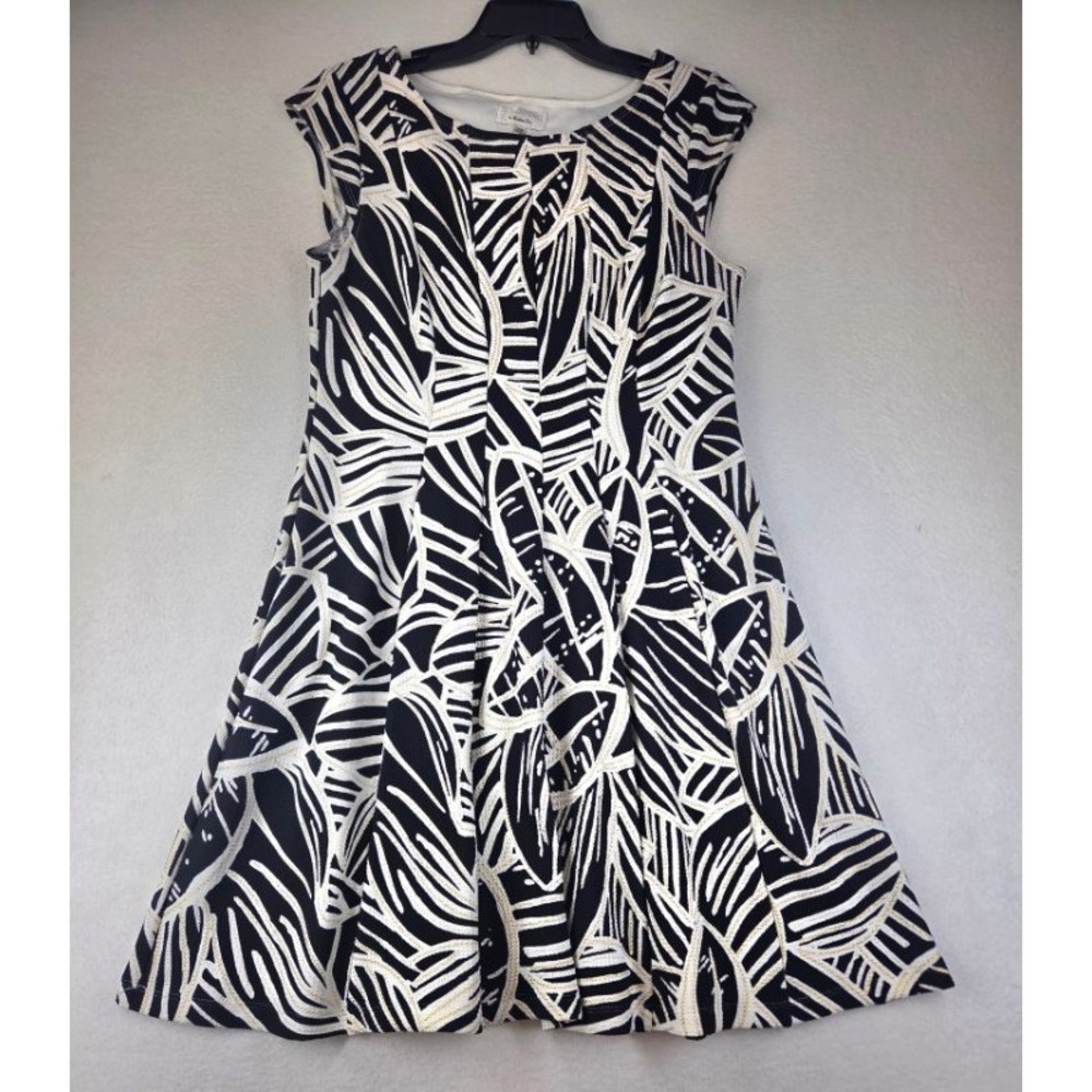 Signature by Robbie Bee Navy White Gold Metallic Abstract Leaf Print Dress PM